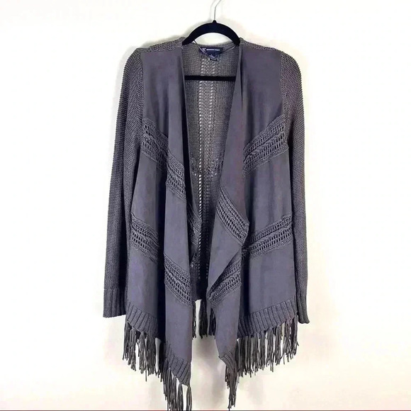 International Concepts Brown Faux Suede Knit Fringe Open Cardigan Size L - Picture 1 of 13